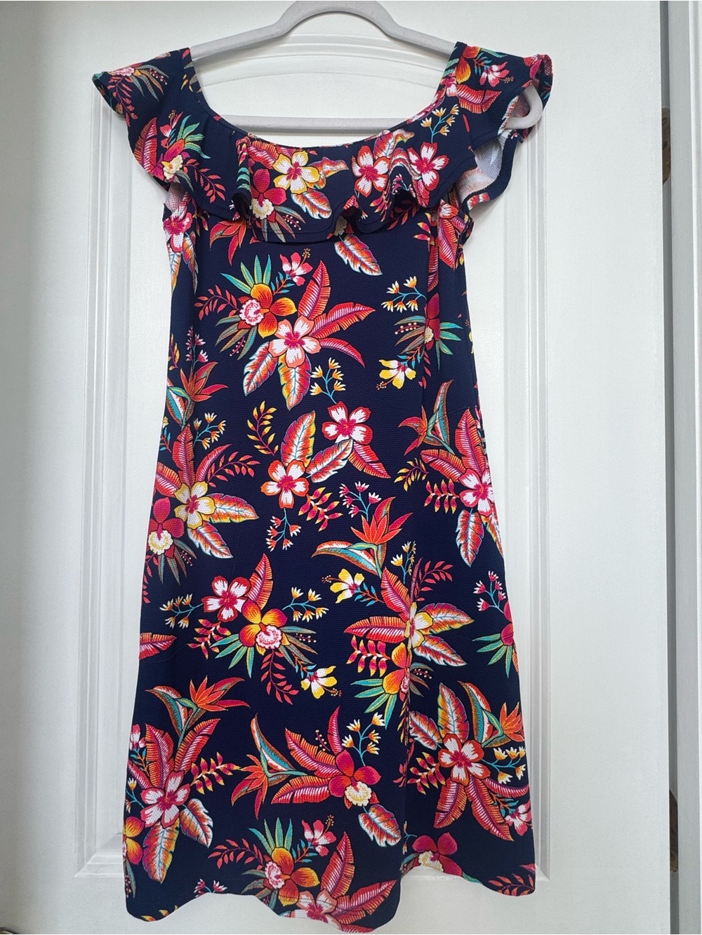 NWOT Tommy Bahama Navy Floral Ruffle-Trim Off Shoulders Dress W/Pockets XS